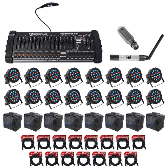 Rockville 384-Channel DMX Controller+Lighting Transmitter+Receiver+16 Par Lights