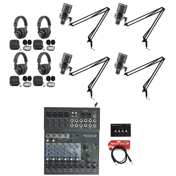 Rockville 4-Person Podcast Podcasting Kit w/ 10-Ch. Mixer+Mics+Headphones+Booms