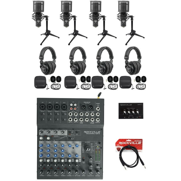 Rockville 4-Person Podcast Podcasting Kit w/USB Mixer/Interface+Mics+Headphones