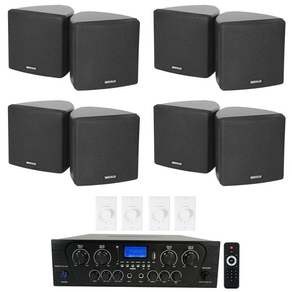 Rockville 4-Room Home Audio Kit Stereo+8) Black Wall Cube Speakers+Wall Controls