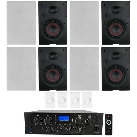 Rockville 4-Room Home Audio Kit Stereo+(8) In-Wall Speakers+Wall Volume Controls