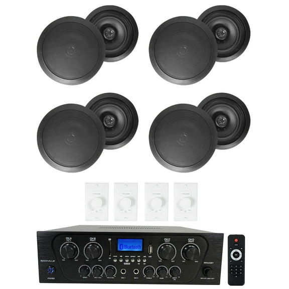 Rockville 4-Room Home Audio Kit Stereo+Black 6.5" Ceiling Speakers+Wall Controls