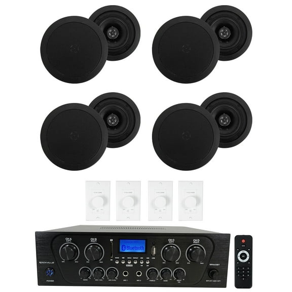 Rockville 4-Room Home Audio Kit w/Receiver+Black Ceiling Speakers+Wall Controls