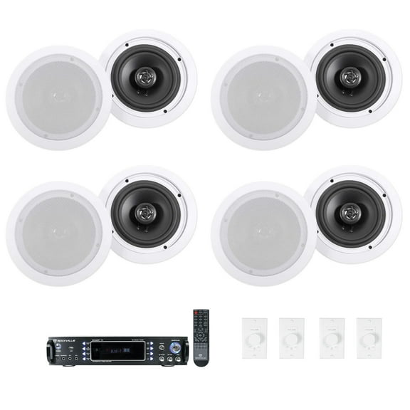 Rockville 4-Room Home Audio Receiver Amp+(8) 6.5" Ceiling Speakers+Wall Controls