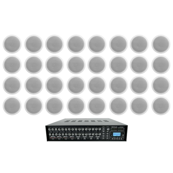 Rockville 4-Zone Multi Room Audio System w/ (32) 6" 70v White Ceiling Speakers