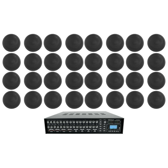 Rockville 4-Zone Multi Source Audio System w/ (32) 6" 70v Black Ceiling Speakers