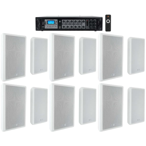 Rockville 6-Zone 70v Amplifier+(12) Slim White Restaurant/Bar/Cafe Wall Speakers