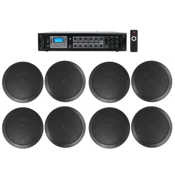 Rockville 6-Zone 70v Amplifier+8) 6.5" 2-Way Black Ceiling Speakers 4 Restaurant