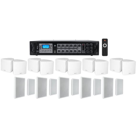 Rockville 6-Zone Amp+10) 3.5" White Cube+10) Wall Restaurant/Bar/Cafe Speakers