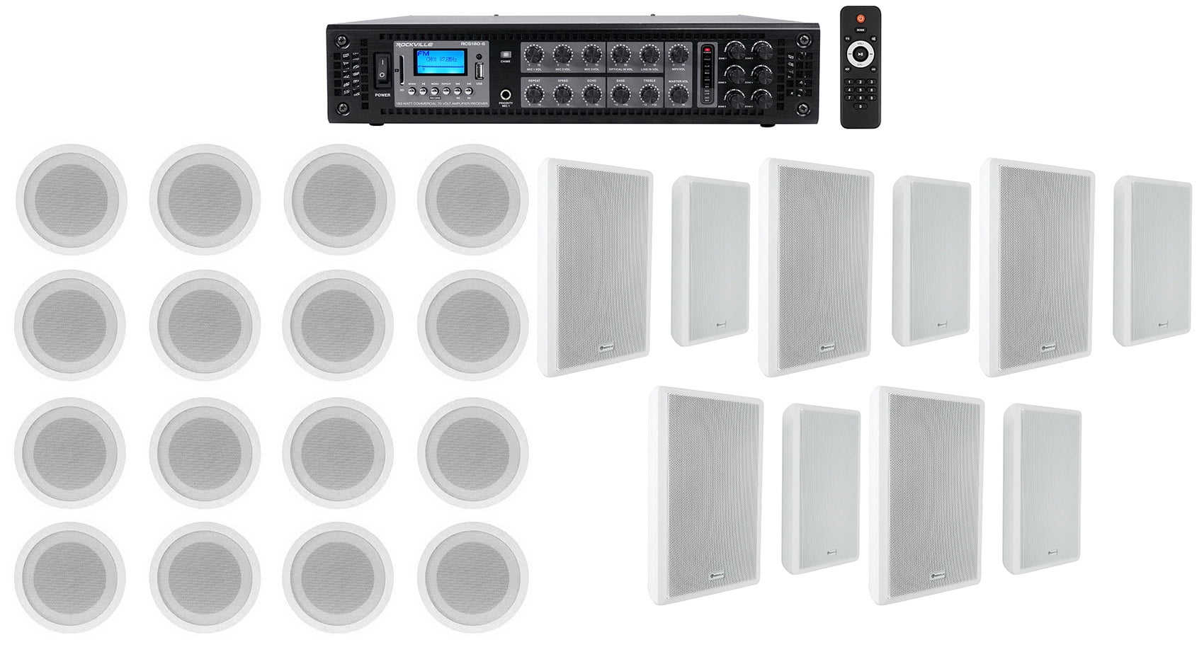 Rockville 6Zone Amp+16) 5" White Ceiling+10) Wall Restaurant/Bar/Cafe