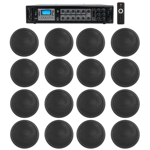 Rockville 6-Zone Amp+16 Black 6" Ceiling Speakers for Restaurant/Bar/Cafe/Office