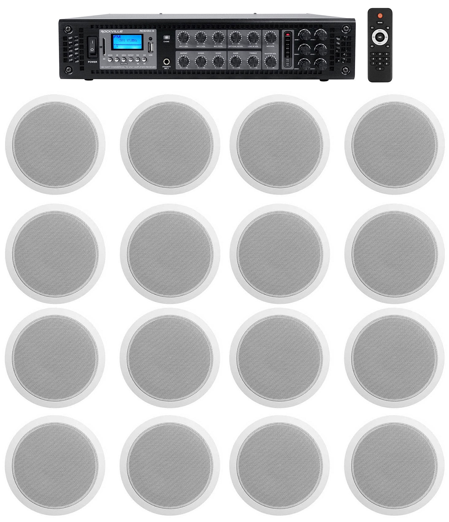 Rockville 6Zone Amp+16 White 6" Ceiling Speakers for Restaurant/Bar