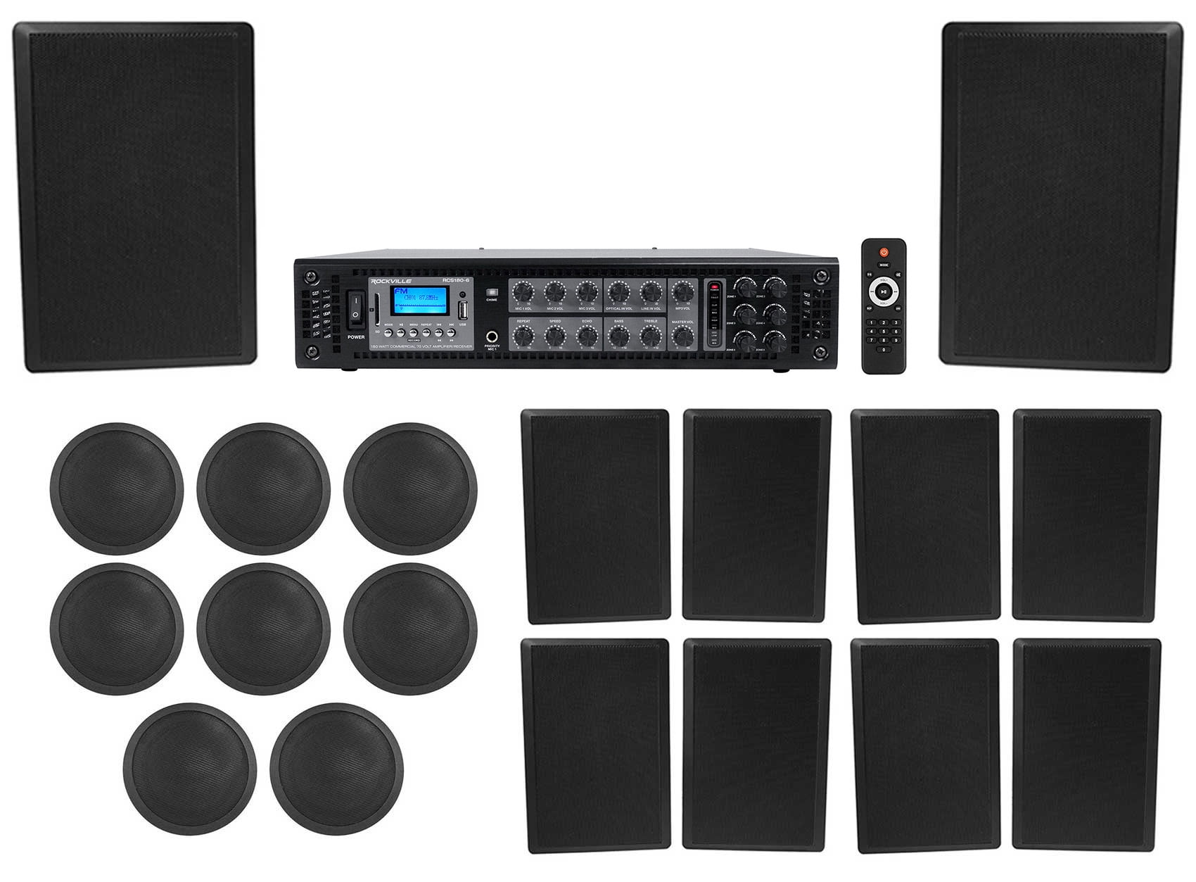 Rockville 6Zone Amp+8) 6" Black Ceiling+10) Wall Restaurant/Bar/Cafe