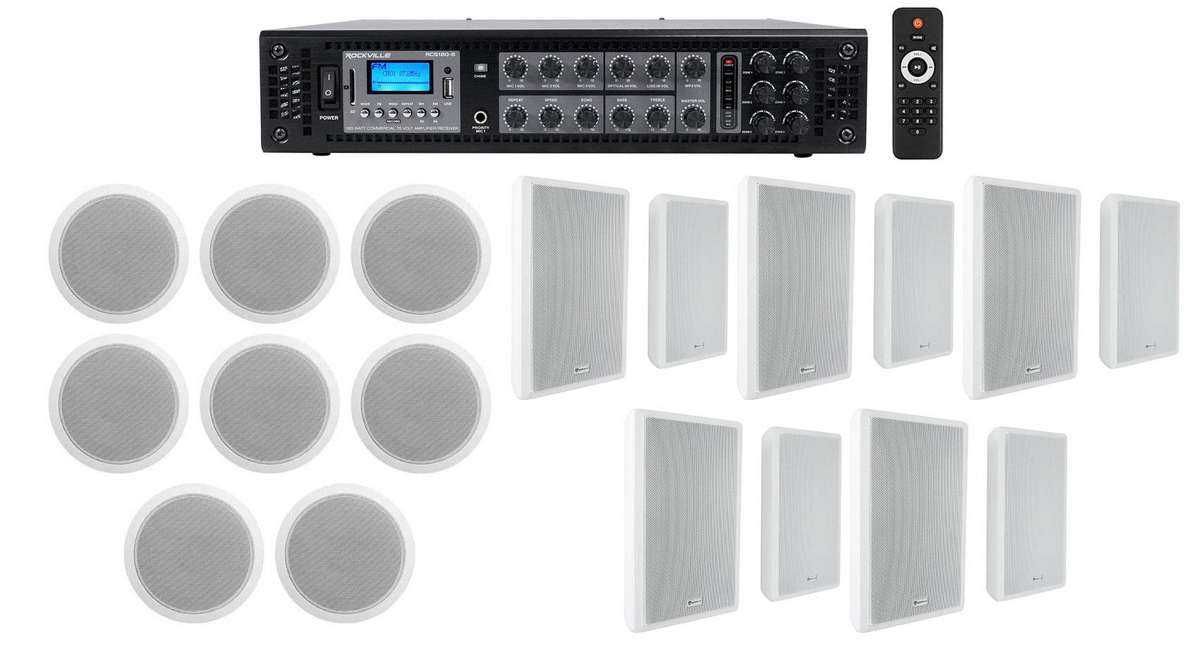 Rockville 6Zone Amp+8) 6" White Ceiling+10) Wall Restaurant/Bar/Cafe