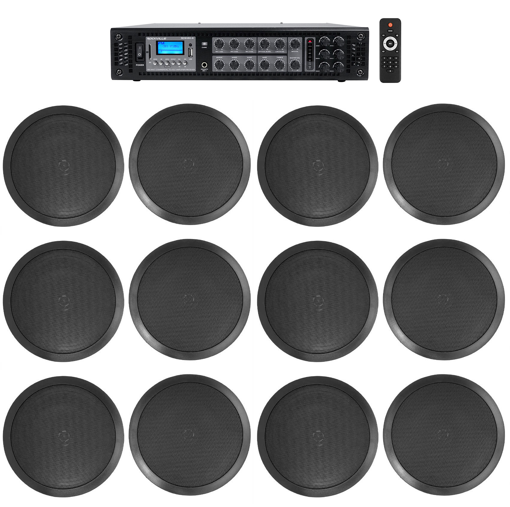 Rockville 6-Zone Amplifier+(12) 8" 2-Way Black Ceiling Speakers For Restaurant - image 1 of 5