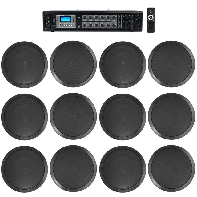Rockville 6-Zone Amplifier+(12) 8" 2-Way Black Ceiling Speakers For Restaurant