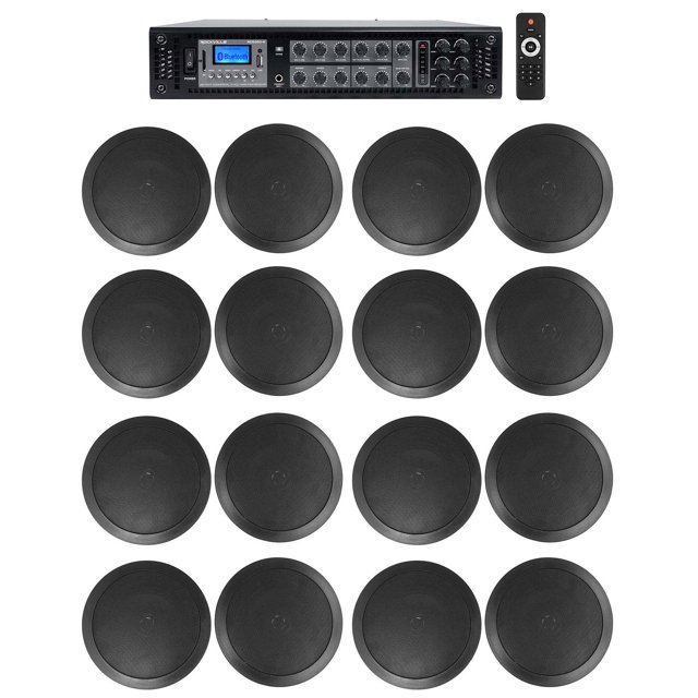 Rockville 6Zone Amplifier+(16) 6.5" 2Way Black Ceiling Speakers For Restaurant