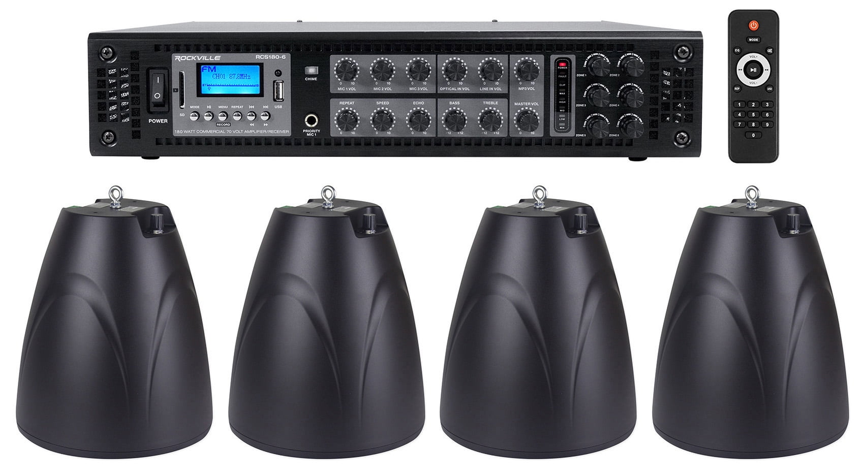 Rockville 6Zone Amplifier Amp+4) Black Pendant Speakers For Restaurant