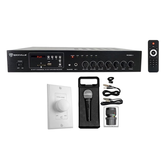 Rockville 60w 70v Commercial Amplifier w/Bluetooth+White Wall Volume Control+Mic