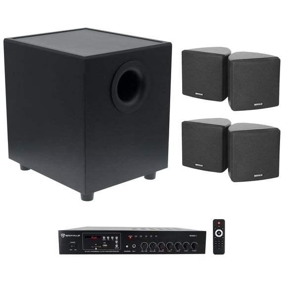 Rockville 70v Commercial Amplifier+(4) Cube Speakers+Sub For Restaurant/Bar/Cafe