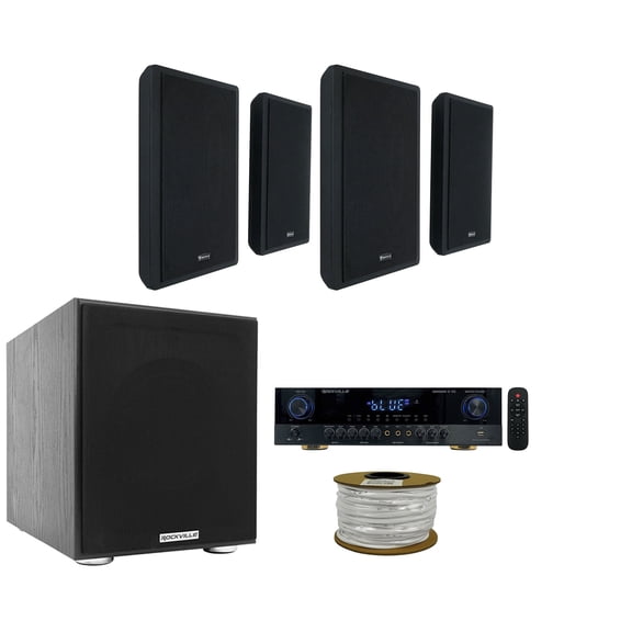 Rockville Amplifier+(4) RockSlim Black Home Theater Wall Mount Slim Speakers+Sub