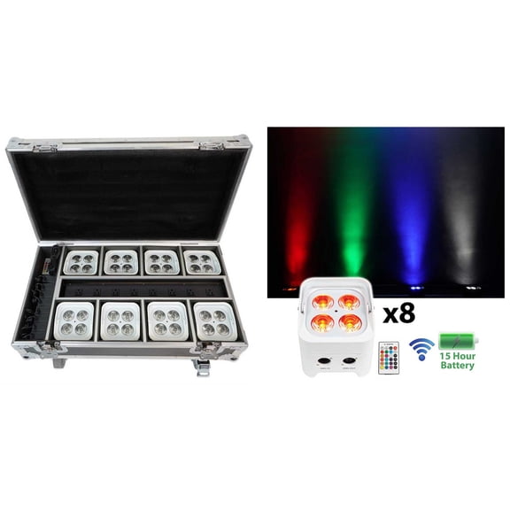 Rockville BEST PACK 50 (8) White Battery Wash Lights+Wireless DMX+Charging Case
