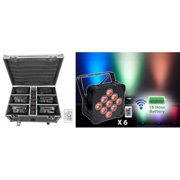 Rockville BEST PACK 60 6) Black Rechargeable Wireless DJ Up-Lights+Charging Case