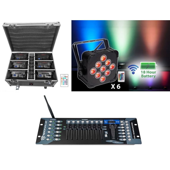 Rockville BEST PACK 60 6) Black Rechargeable Lights+Case+Wireless DMX Controller
