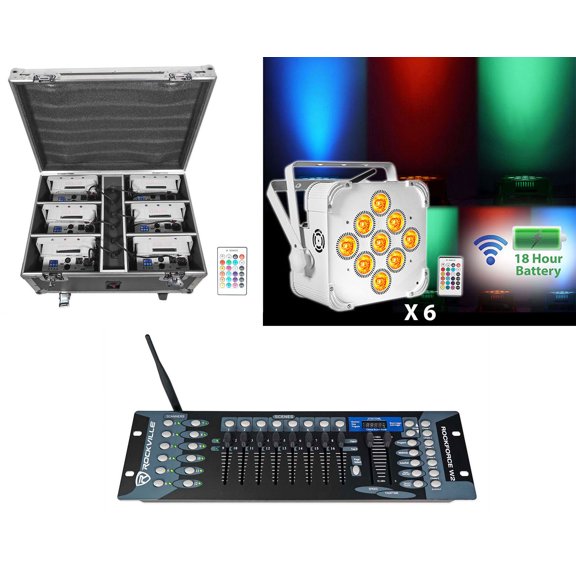 Rockville BEST PACK 60 6) White Rechargeable Lights+Case+Wireless DMX Controller