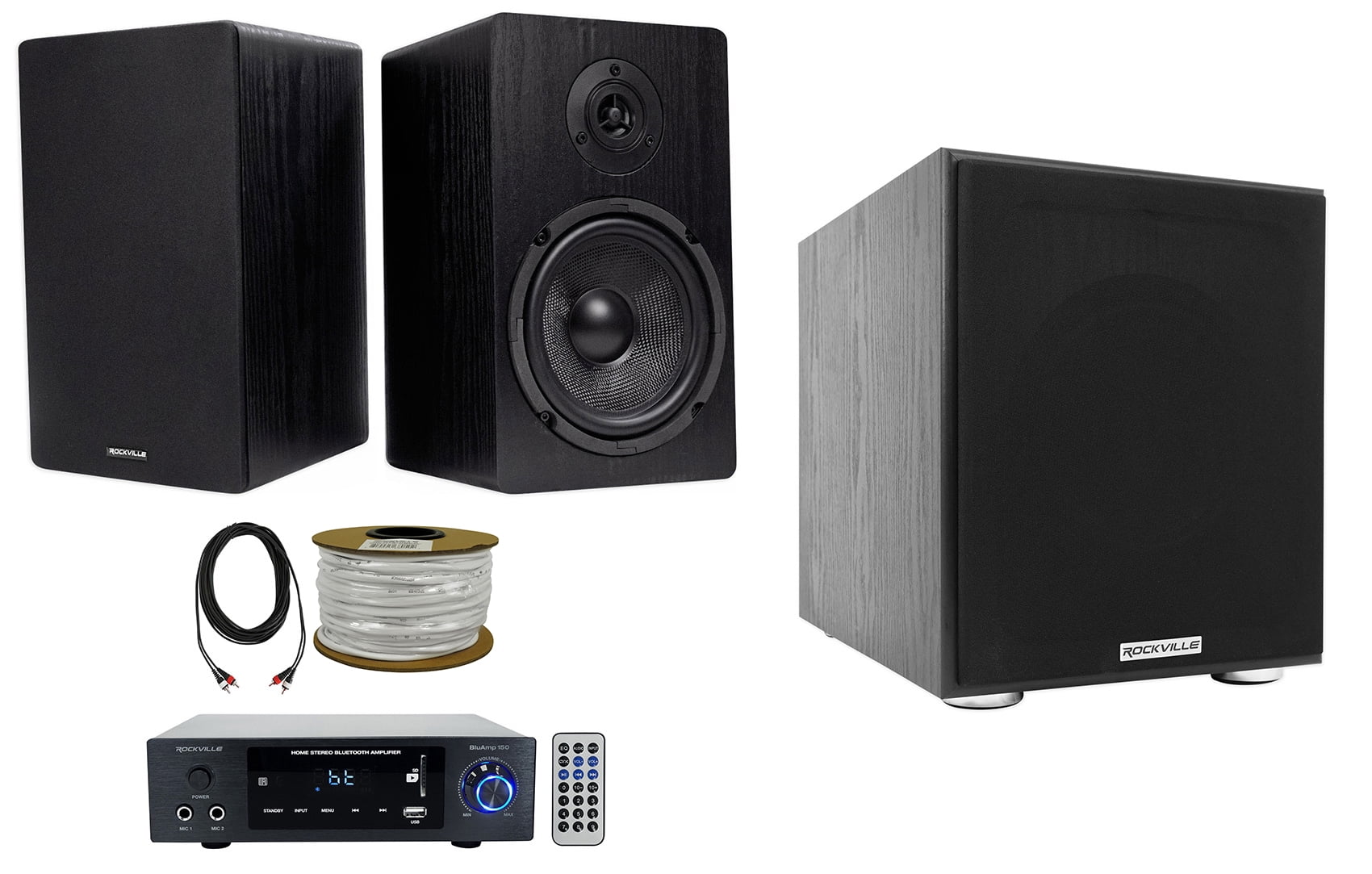 Rockville BLUAMP 150 Amplifier w/ Bluetooth+(2) 6.5" Bookshelf Speakers+8" Sub