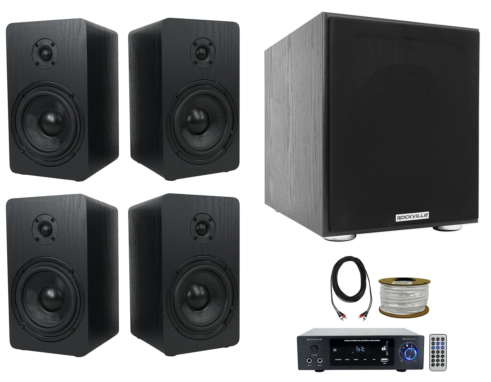 Rockville BLUAMP 150 Amplifier w/ Bluetooth+(4) 5.25" Bookshelf Speakers+8" Sub