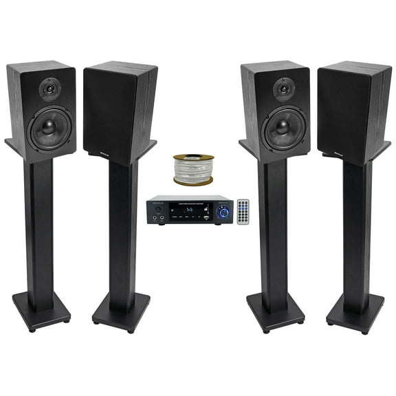 Rockville BLUAMP 150 Amplifier w/ Bluetooth+(4) 6.5" Bookshelf Speakers+Stands