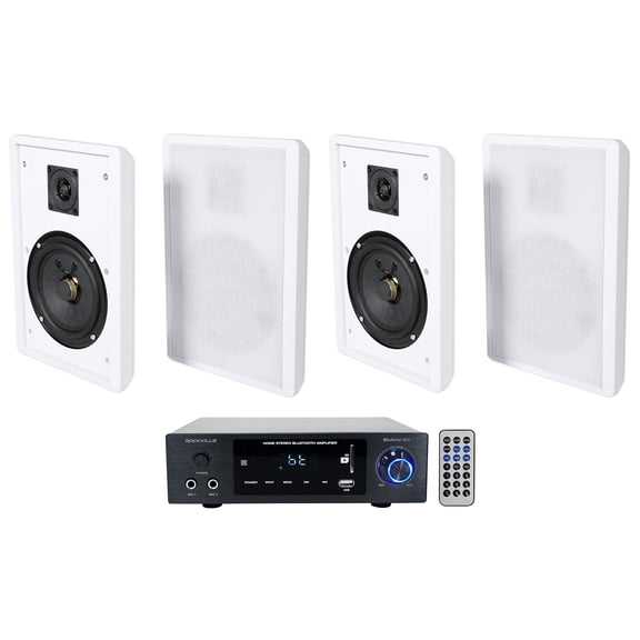 Rockville BLUAMP 150 Home Stereo Bluetooth Amplifier+4 White Wall Mount Speakers