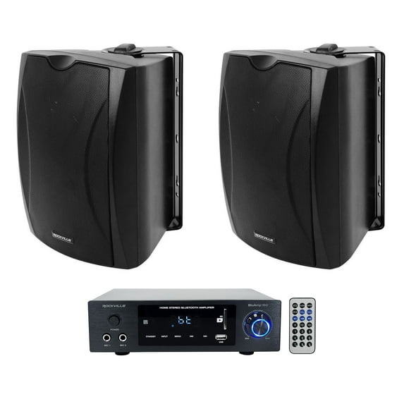Rockville BLUAMP 150 Stereo Bluetooth Amplifier Receiver+2) Black Patio Speakers