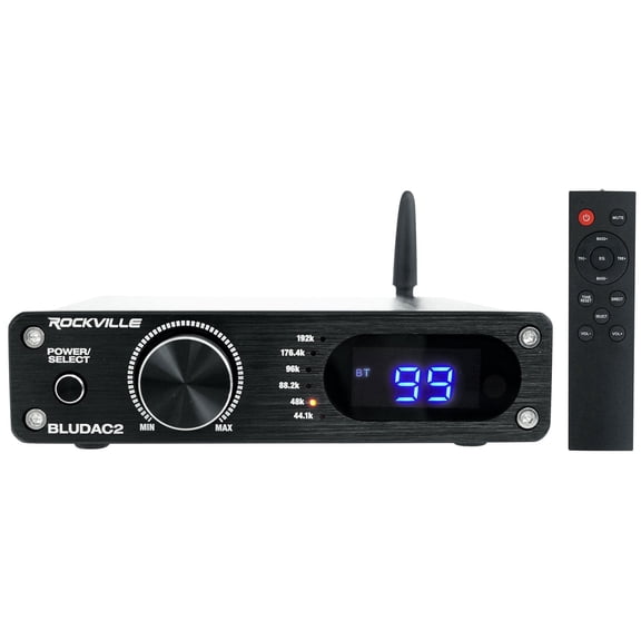 Rockville BLUDAC2B Hi-Res 192K Amplifier Home Bluetooth Receiver with Optical and Sub Out 192kHz High-Resolution DAC Black