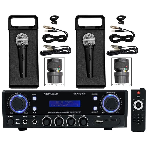 Rockville BluAmp 100 Bundle: 120W RMS Stereo Amplifier, (2) RMC-XLR Microphones, USB Playback, RCA Inputs, EQ Controls, Level Controls, 3-items