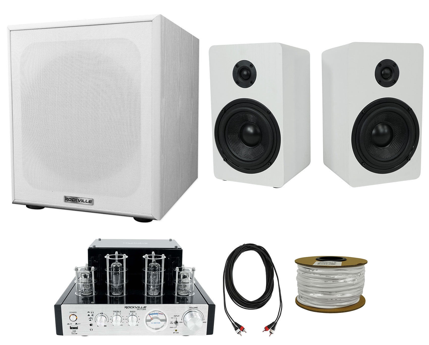 Rockville BluTube Amplifier Home Receiver+5.25" White Bookshelf Speakers+10" Sub