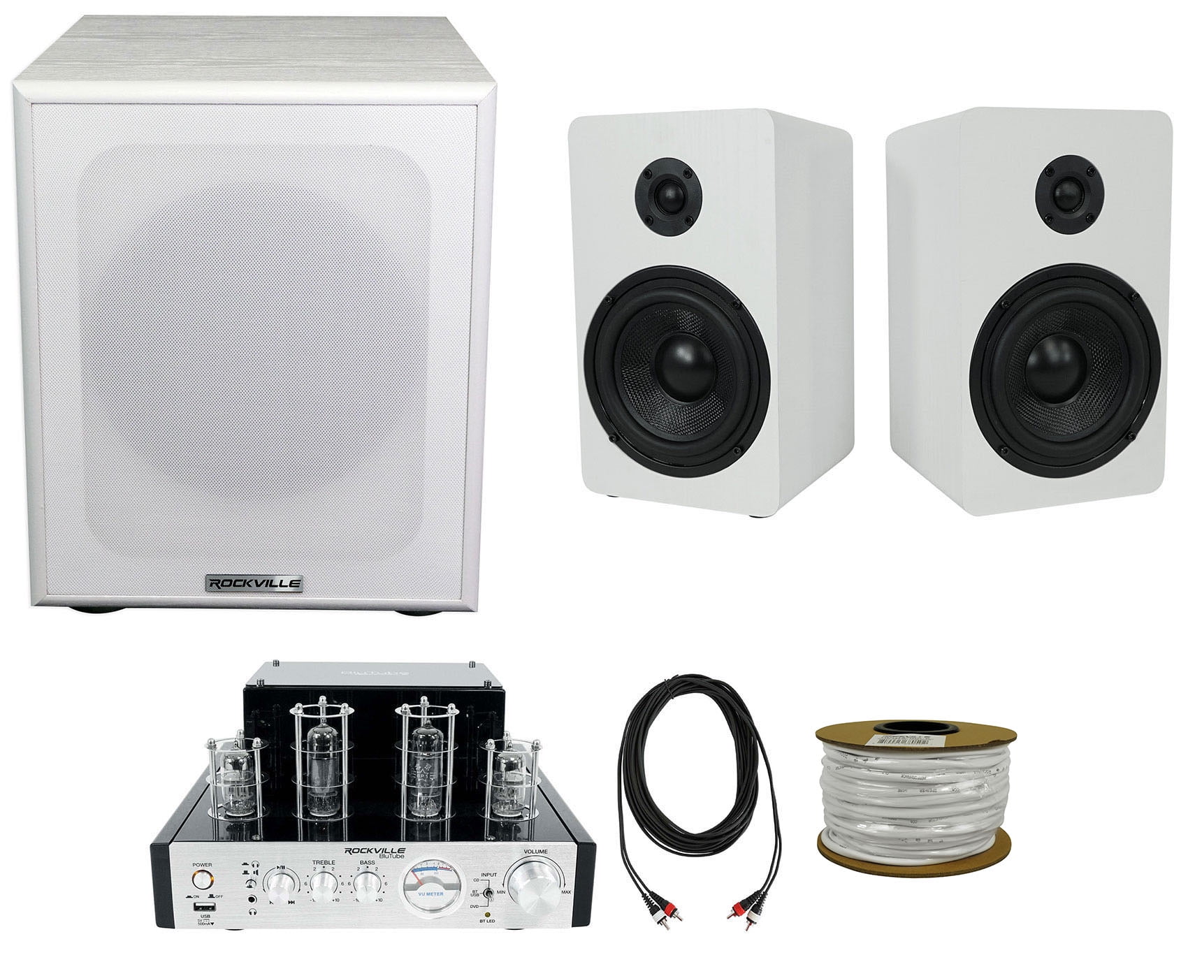 Rockville BluTube Amplifier Home Receiver+5.25" White Bookshelf Speakers+8" Sub