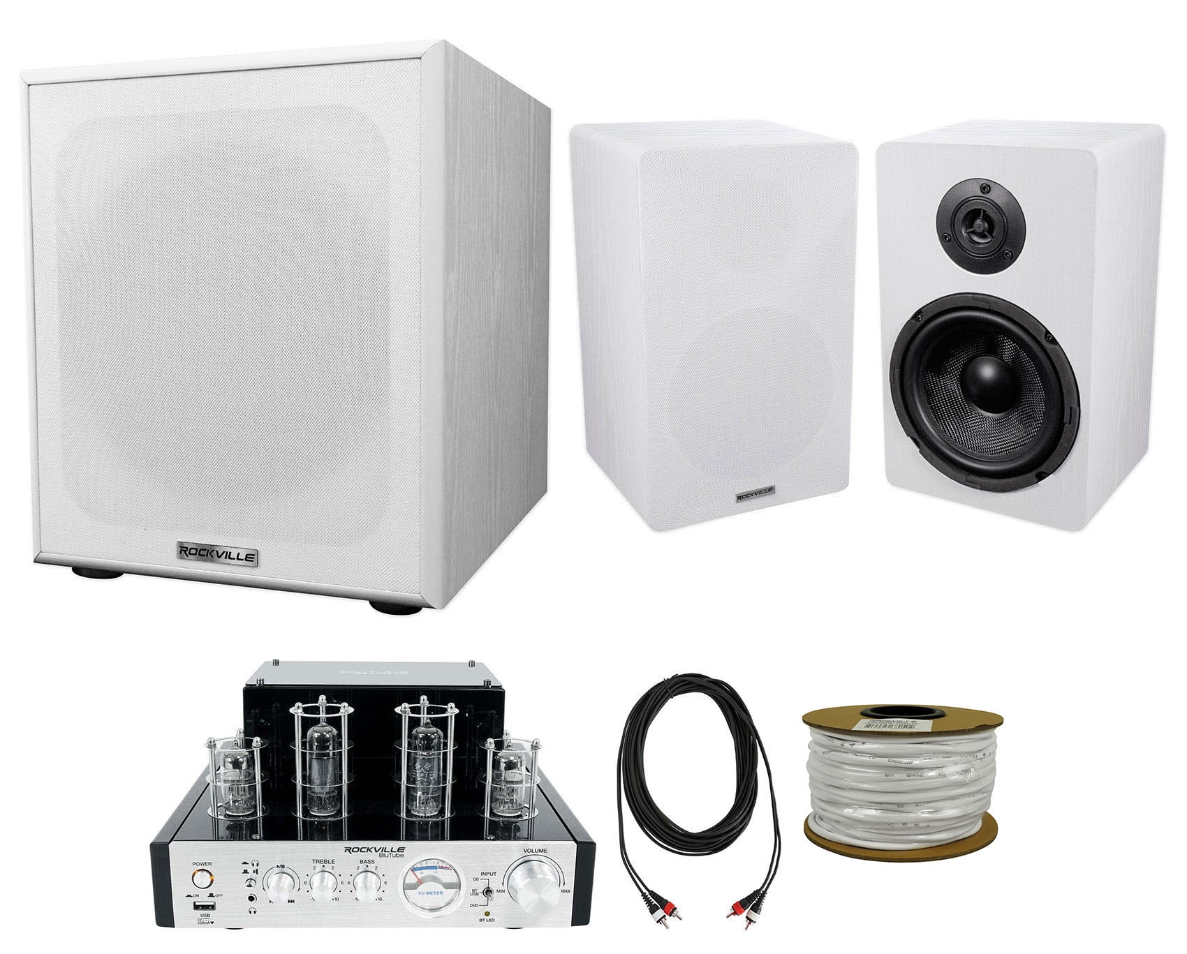 Rockville BluTube Amplifier Home Receiver+6.5" White Bookshelf Speakers+10" Sub