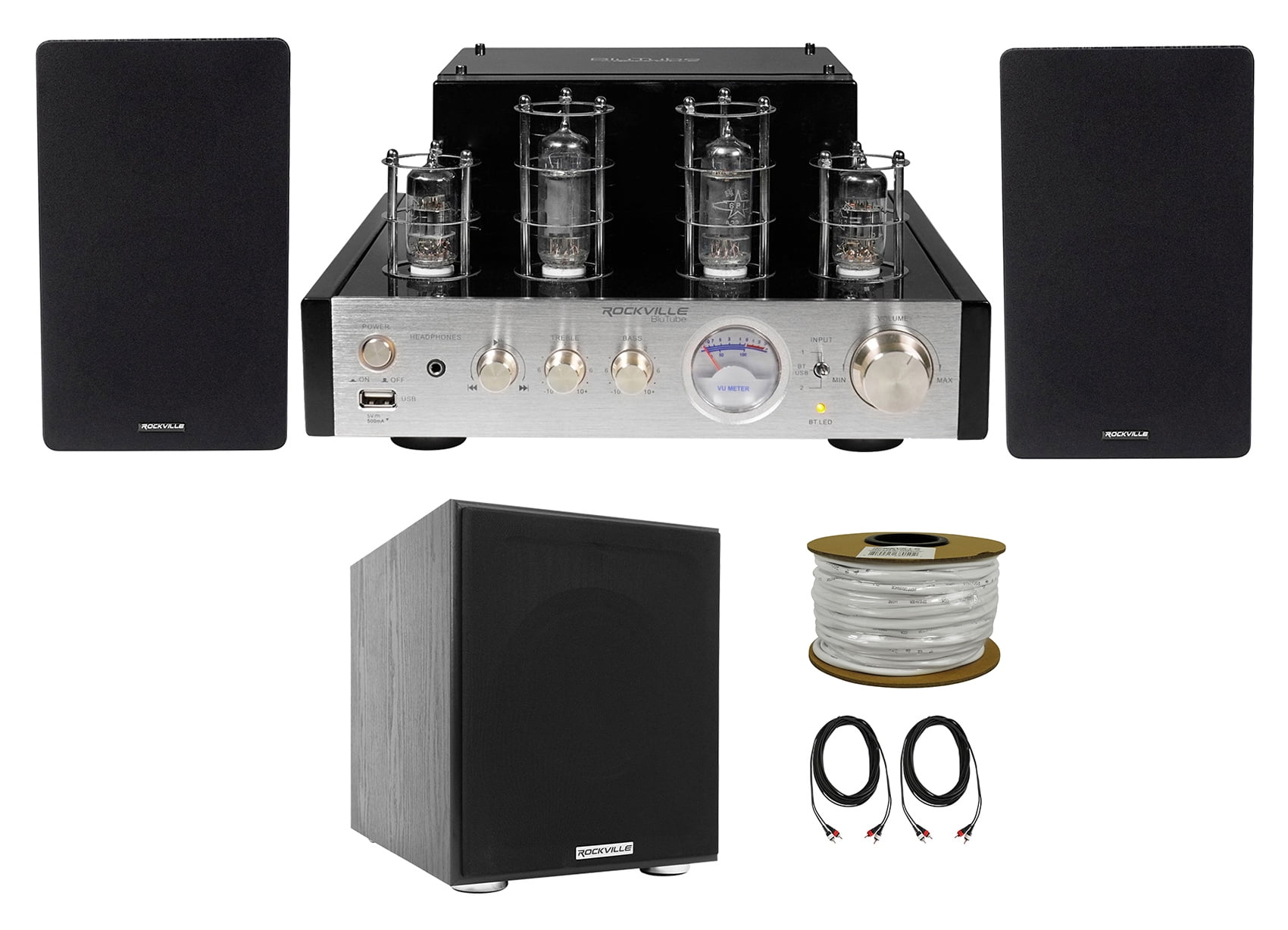 Rockville BluTube Bluetooth Tube Amplifier+6.5" Black Bookshelf Speakers+8" Sub