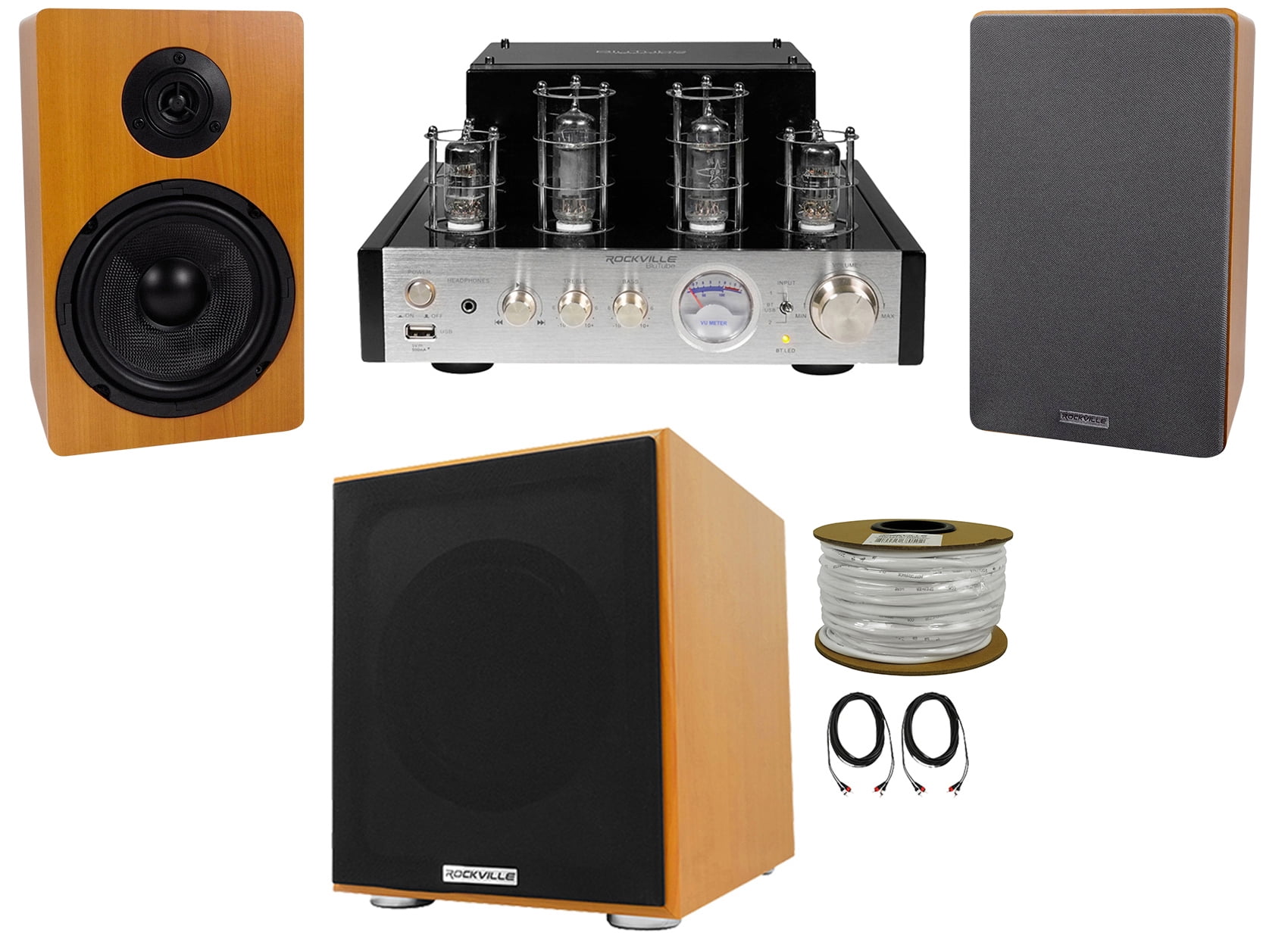 Rockville BluTube Bluetooth Tube Amplifier+6.5" Wood Bookshelf Speakers+8" Sub