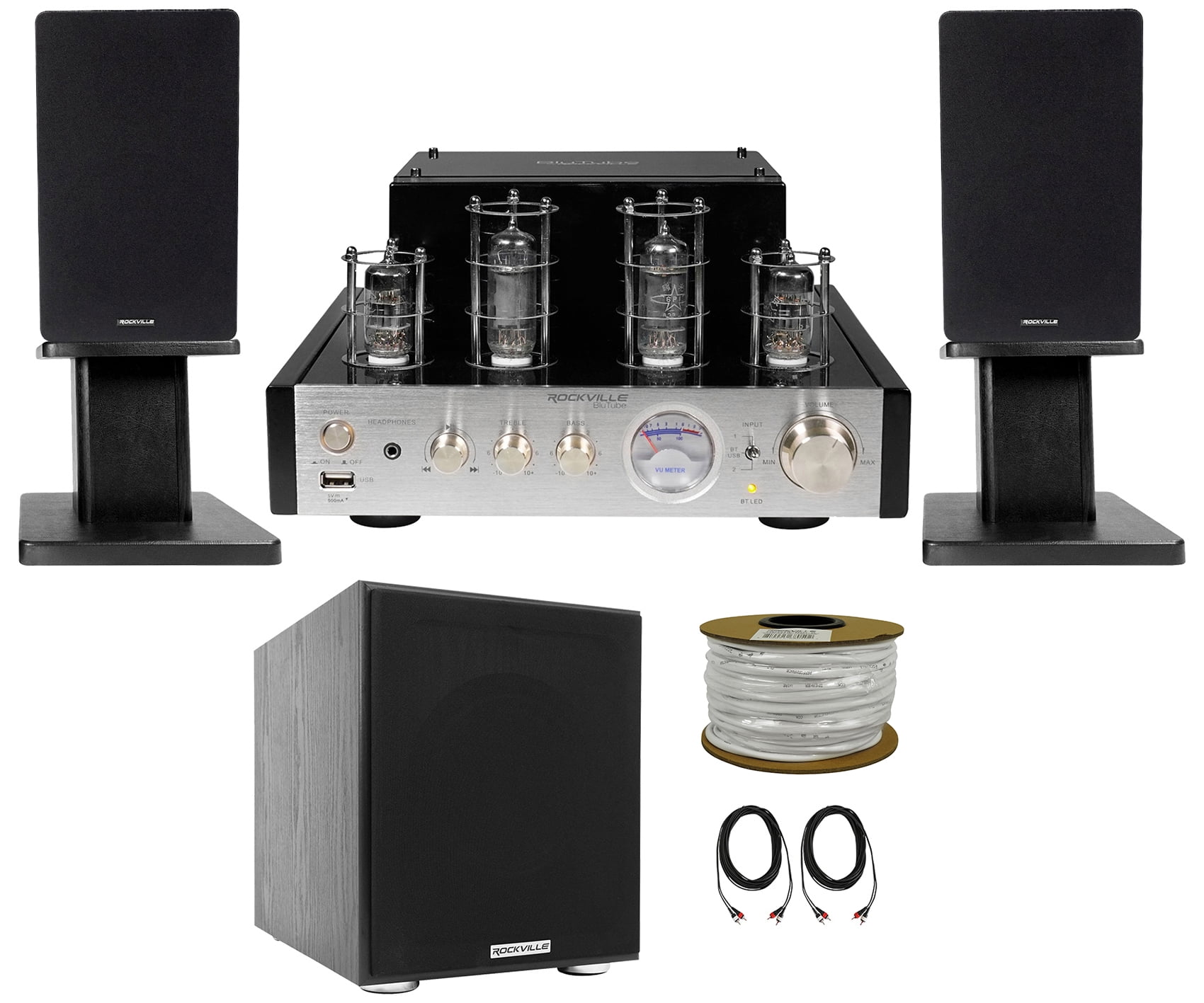 Rockville BluTube Bluetooth Tube Amplifier+Black Bookshelf Speakers+Stands+Sub