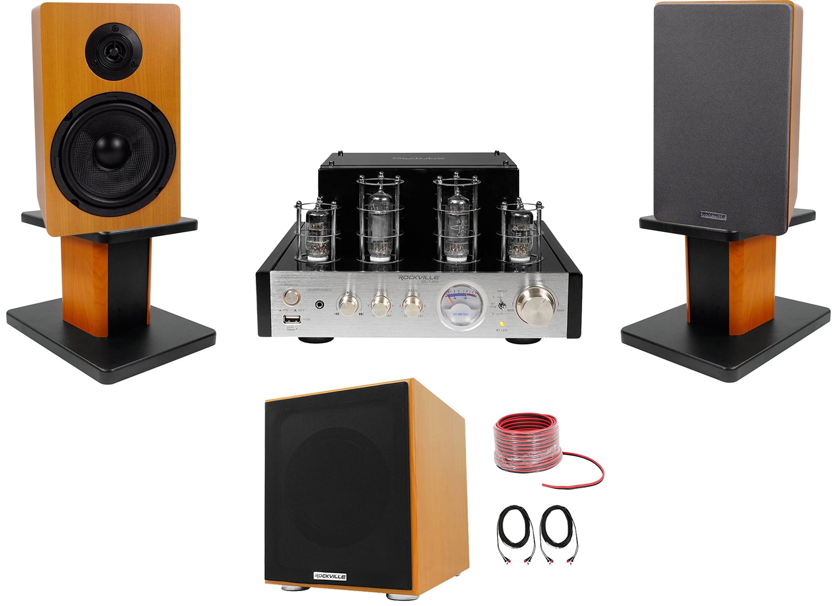 Rockville BluTube Bluetooth Tube Amplifier+Wood Bookshelf Speakers+Stands+Sub