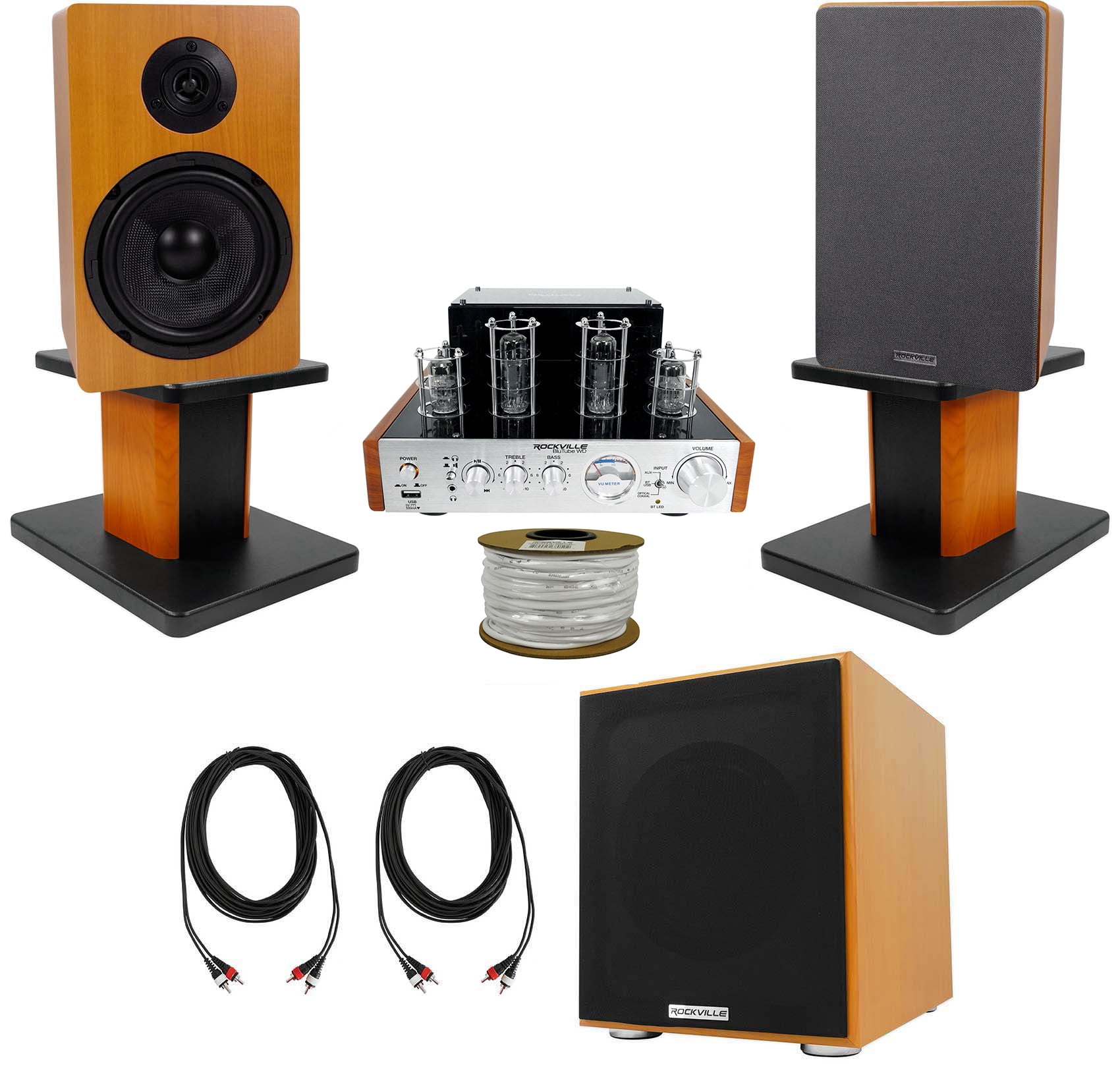 Rockville BluTube Bluetooth Tube Amplifier+Wood Bookshelf Speakers+Stands and Subwoofer