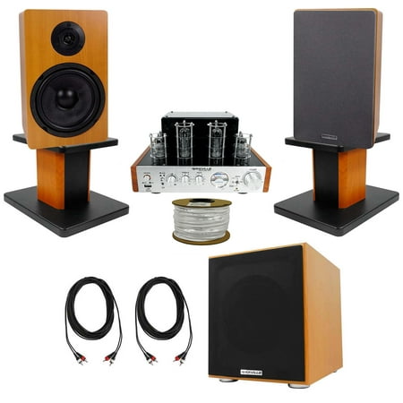 Rockville BluTube Bluetooth Tube Amplifier+Wood Bookshelf Speakers+Stands and Subwoofer