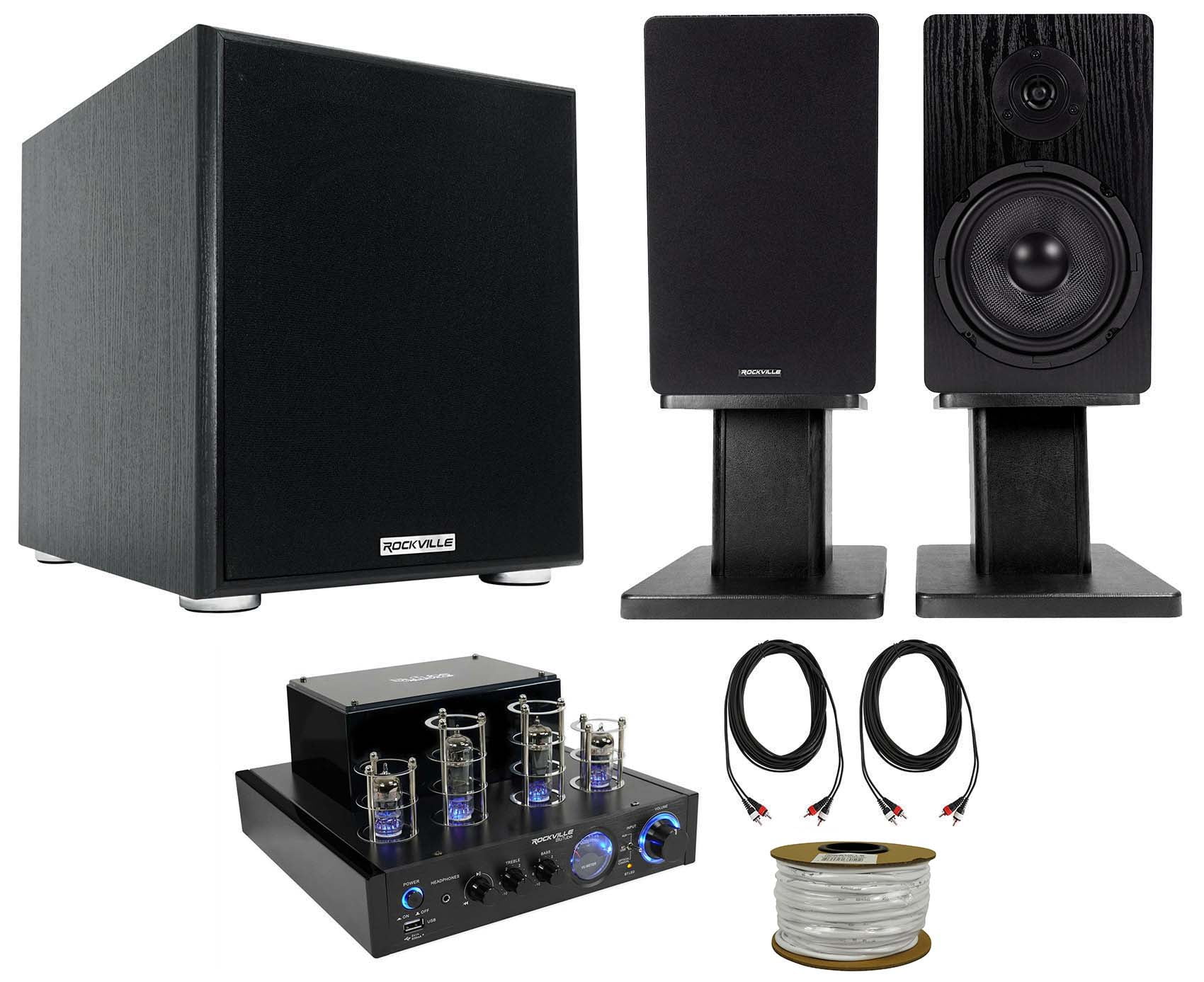 Rockville BluTube LED Bluetooth Tube Amplifier+Bookshelf Speakers+Stands+10" Sub