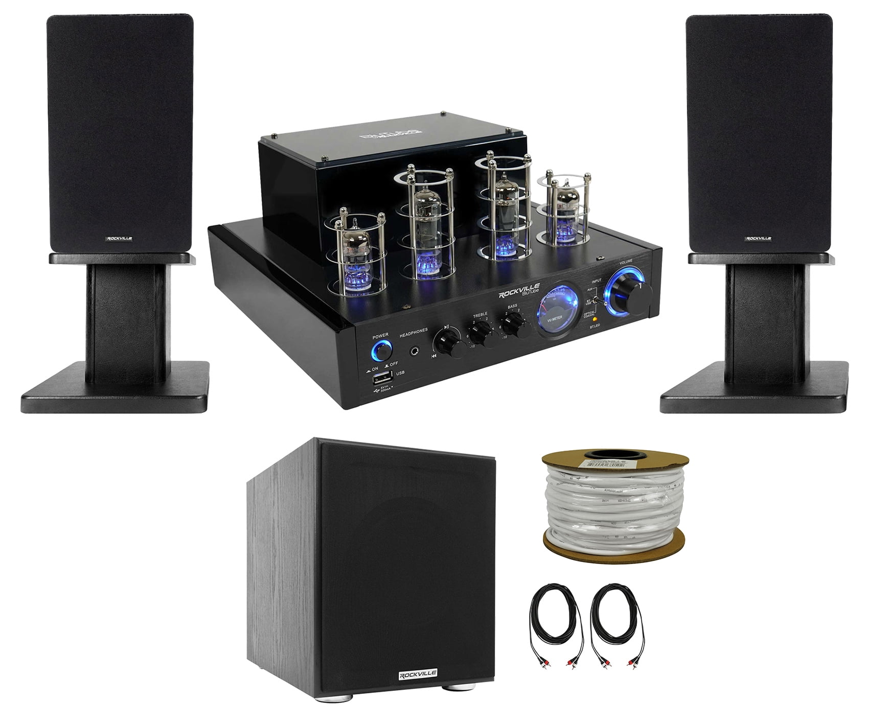 Rockville BluTube LED Bluetooth Tube Amplifier+Bookshelf Speakers+Stands+8" Sub