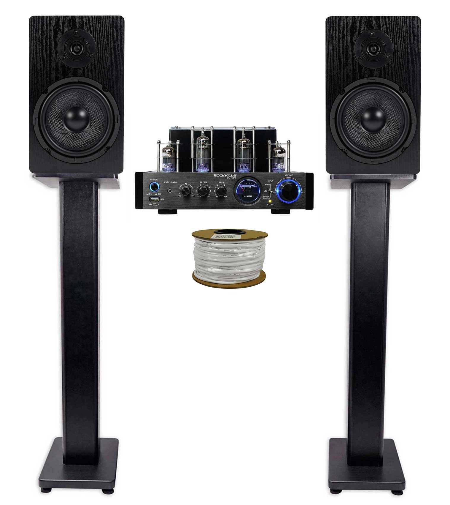 Rockville BluTube LED Tube Amplifier Amp+(2) 6.5" Bookshelf Home Speakers+Stands