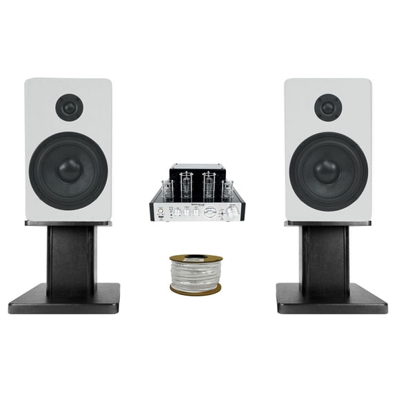 Rockville BluTube Tube Amplifier+(2) 5.25" White Bookshelf Speakers + 8" Stands + Rockville BLUE 14G50 OFC 14 Gauge 50 Foot 100% Copper Speaker Wire