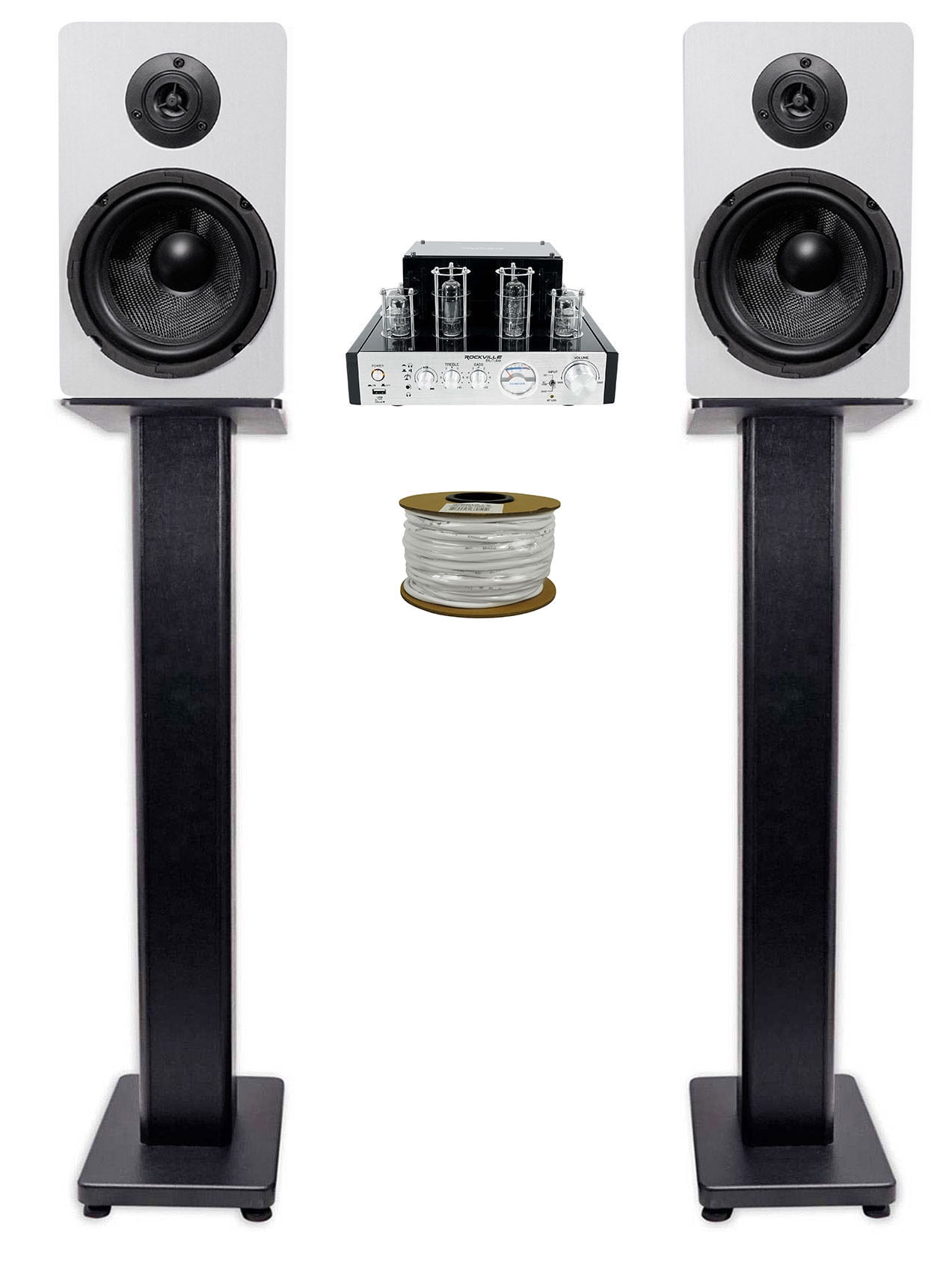 Rockville BluTube Tube Amplifier+(2) 6.5" White Bookshelf Speakers+28" Stands + Rockville BLUE 14G50 OFC 14 Gauge 50 Foot 100% Copper Speaker Wire